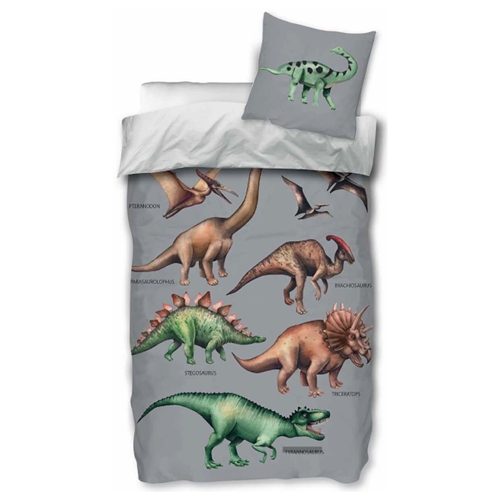 Image of Dinosaur sengetøj - 140x200 cm - Vendbart dino sengesæt - Motiv med T-rex, Triceratops og Stegosaurus  - 100% bomuld - Børnesengetøj